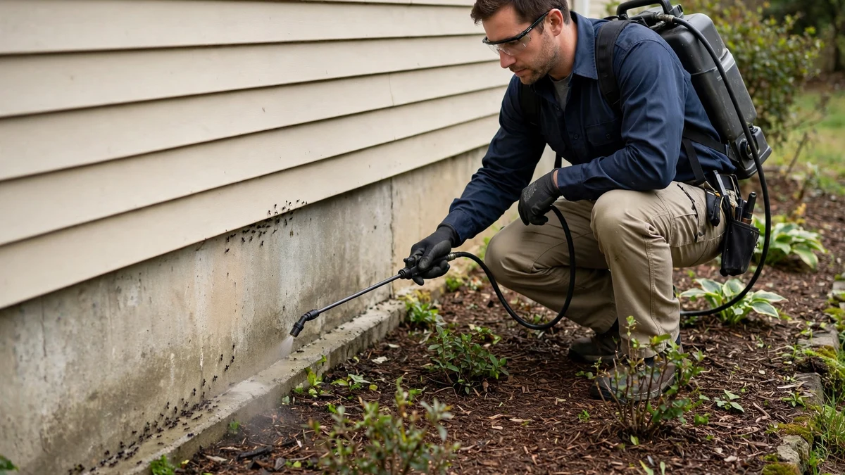 Technician placing ant bait stations along a home foundation