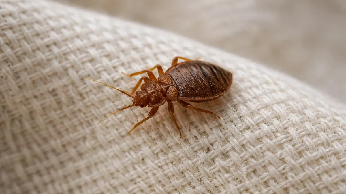 Close-up of a bed bug on light mattress fabric