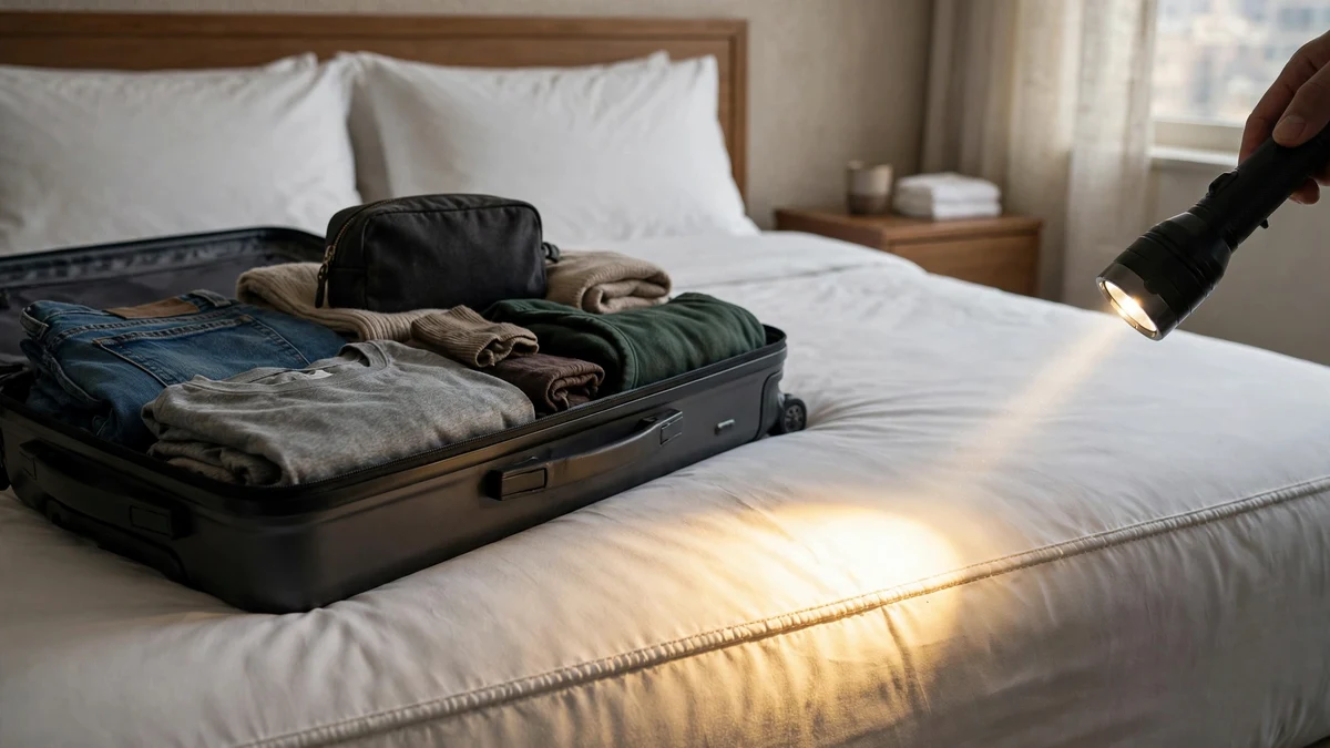 Open suitcase on a hotel bed with a flashlight beam checking for bed bugs