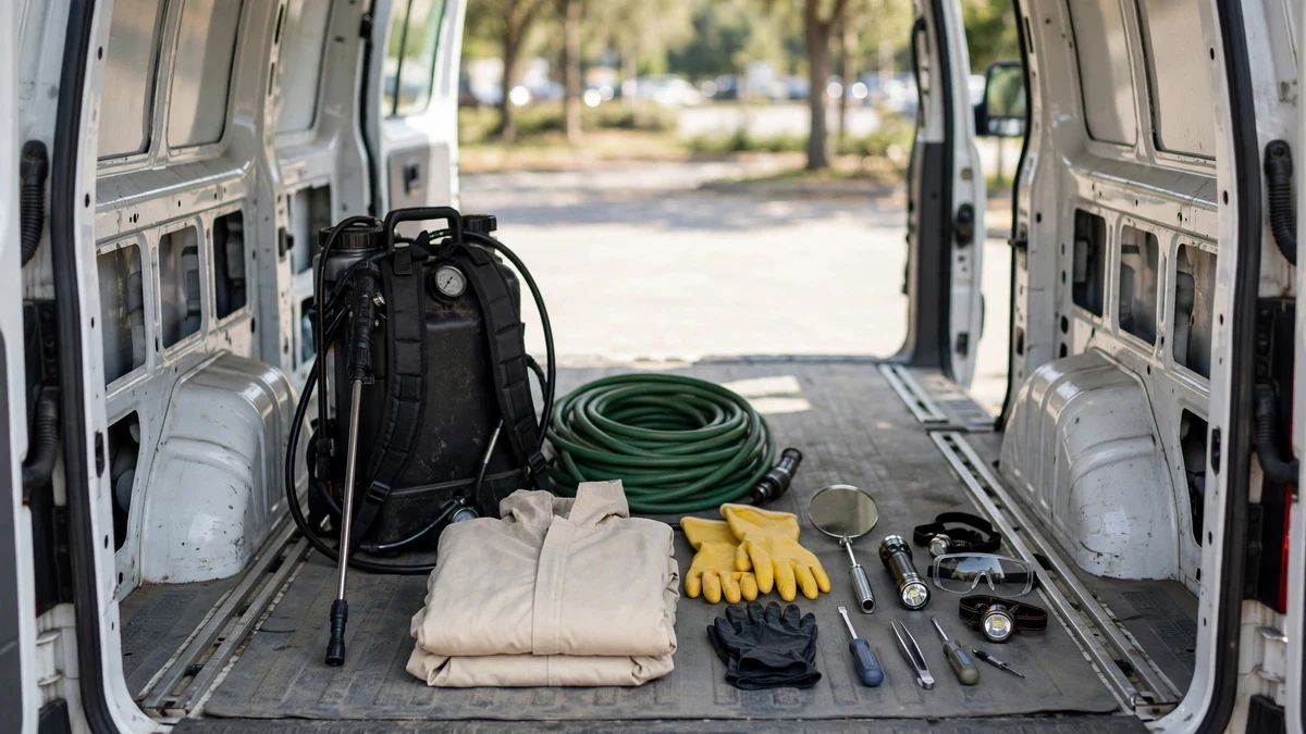 Professional pest control equipment arranged in a work van cargo area
