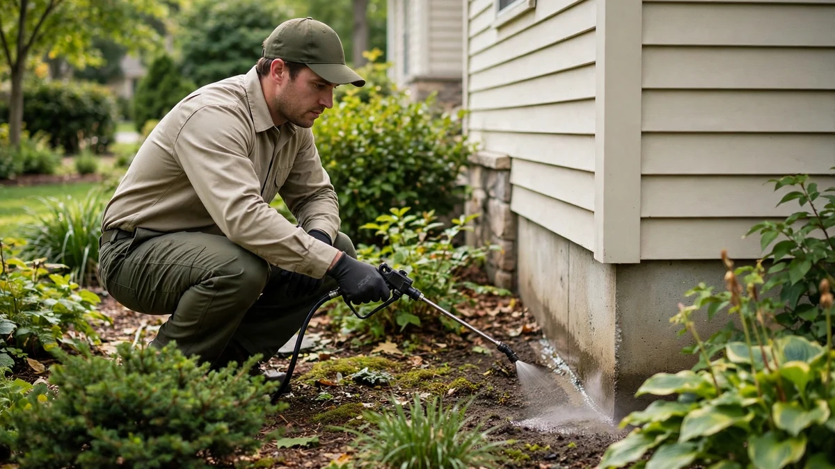 Technician performing routine perimeter spray along a landscaped home foundation