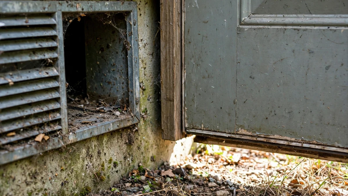 Gap under an exterior door and open vent needing sealing against rodents