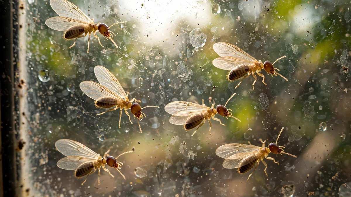 Winged termite swarmers on a bright windowpane