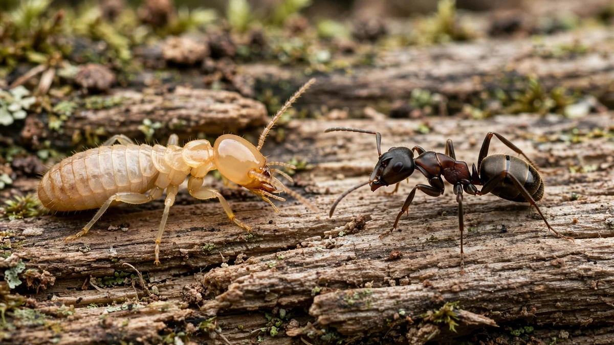 Macro comparison of a termite and an ant on weathered wood