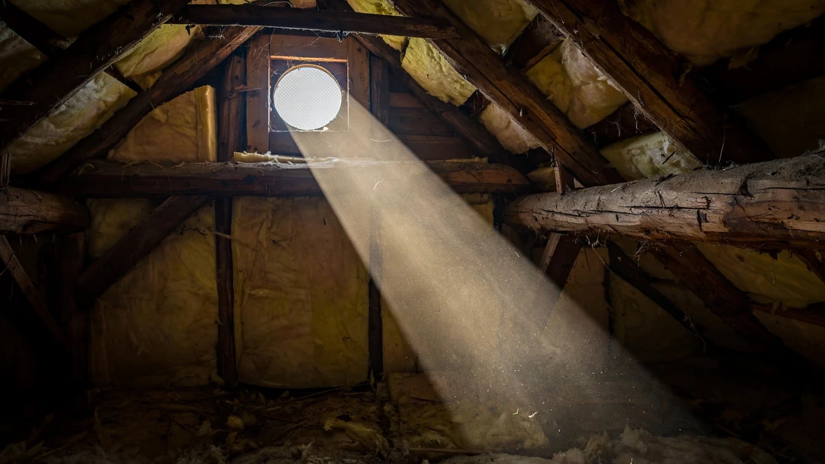 Daylight beaming through a gable vent in an insulated attic